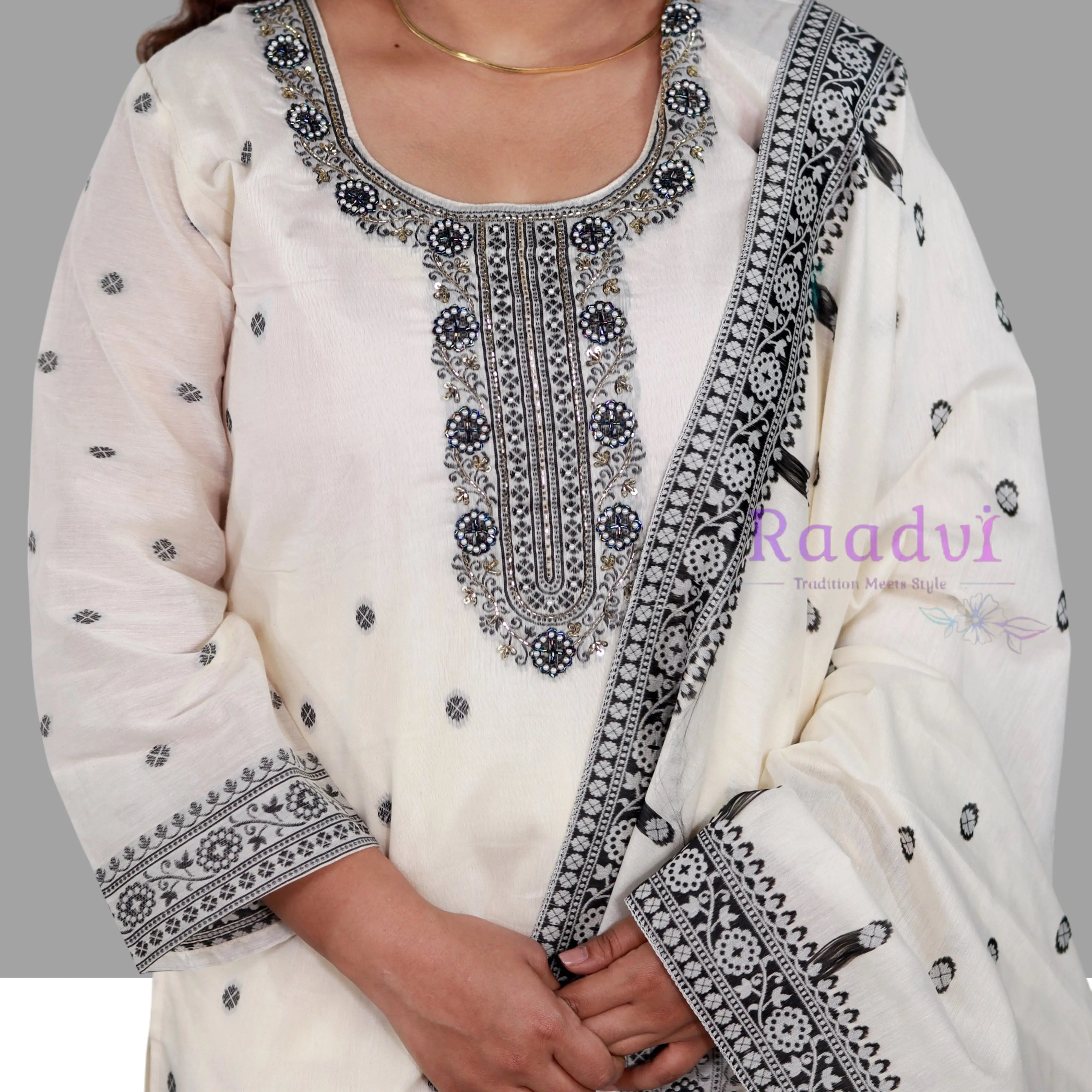 White Pure Mul Chanderi Suit Set RAADVI
