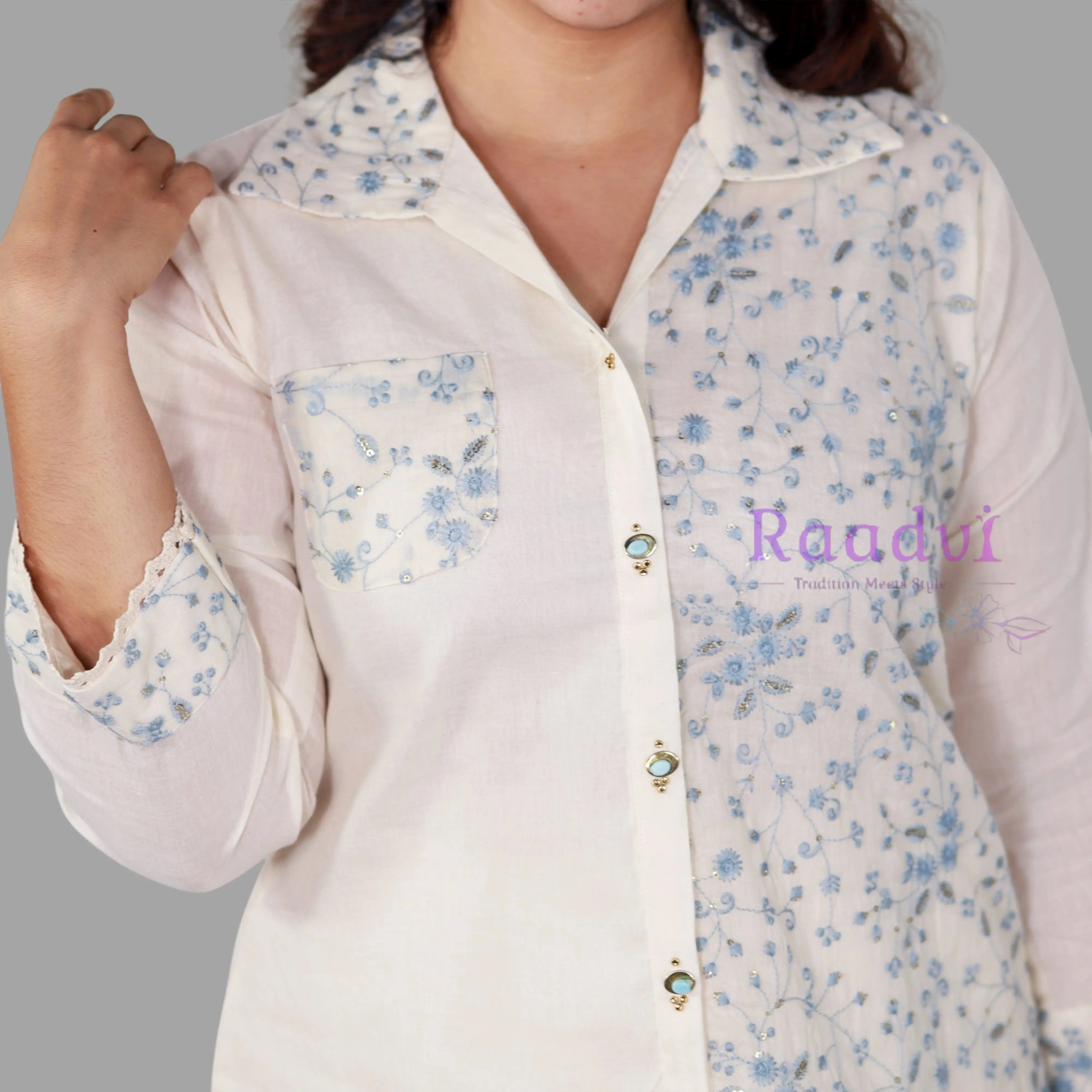 Embroidered White Cotton Silk Co-Ord Set RAADVI