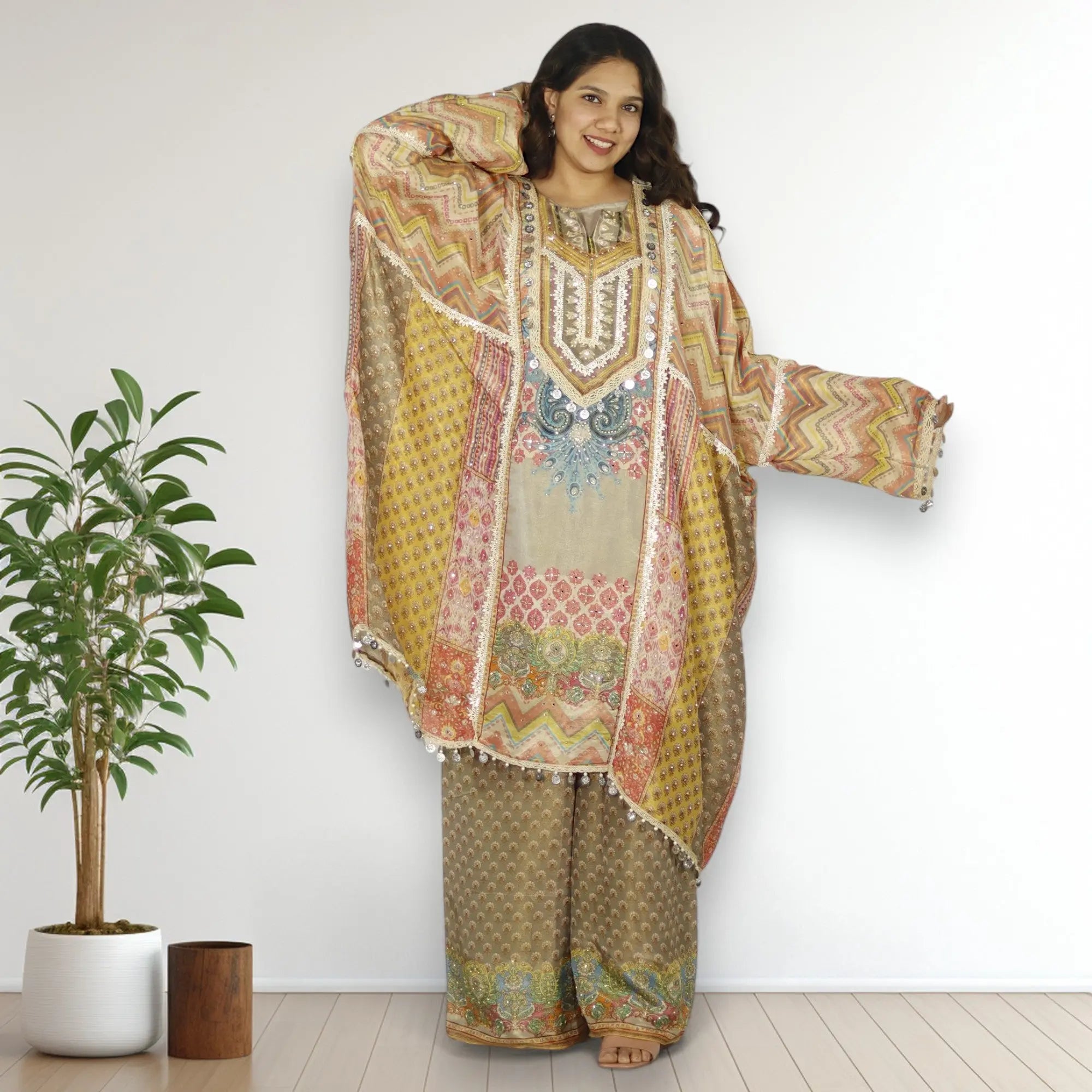Embellished Beige  Kaftan Set RAADVI