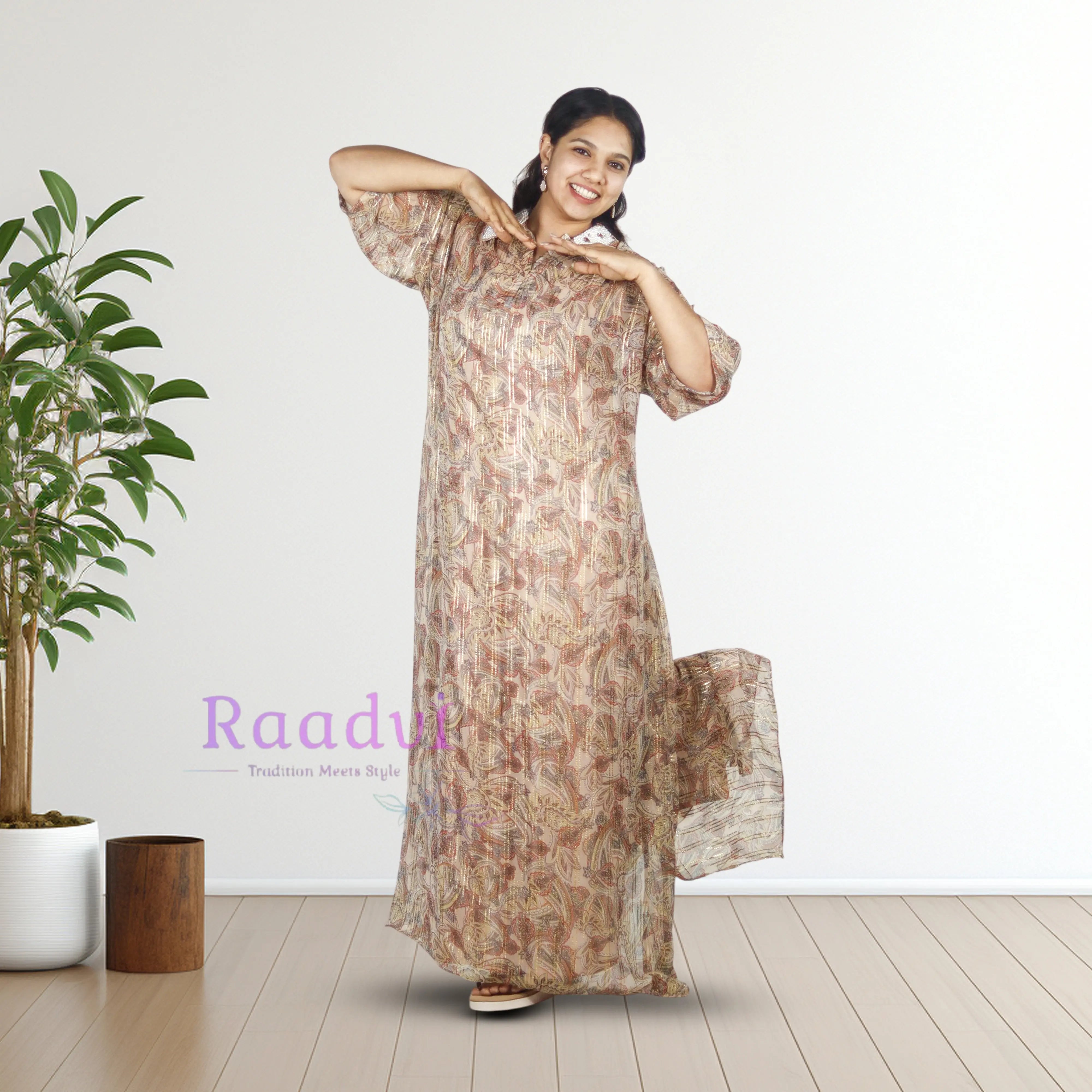 Bronze Embellished Pure Chiffon Dress RAADVI