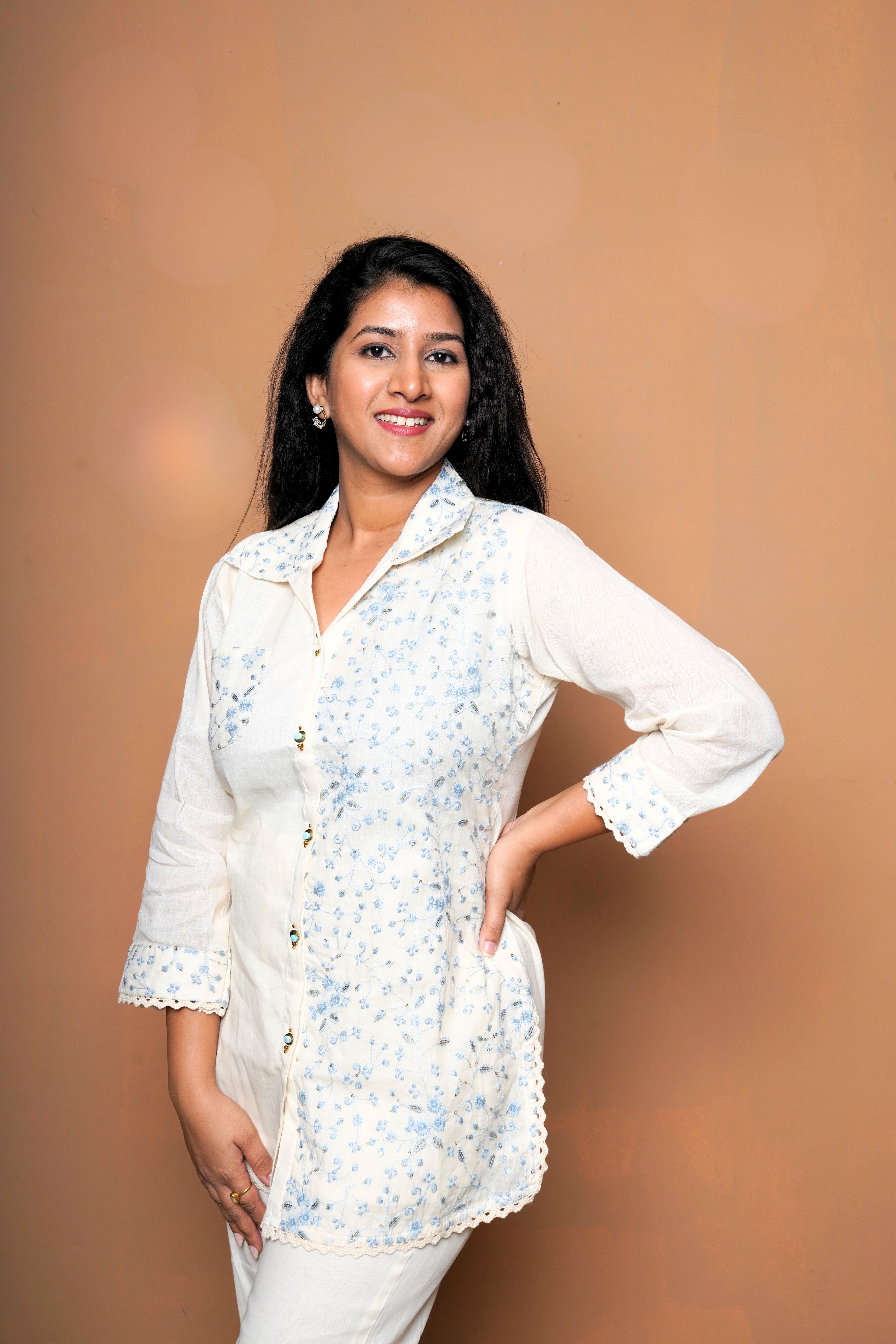 Embroidered White Cotton Silk Co-Ord Set RAADVI
