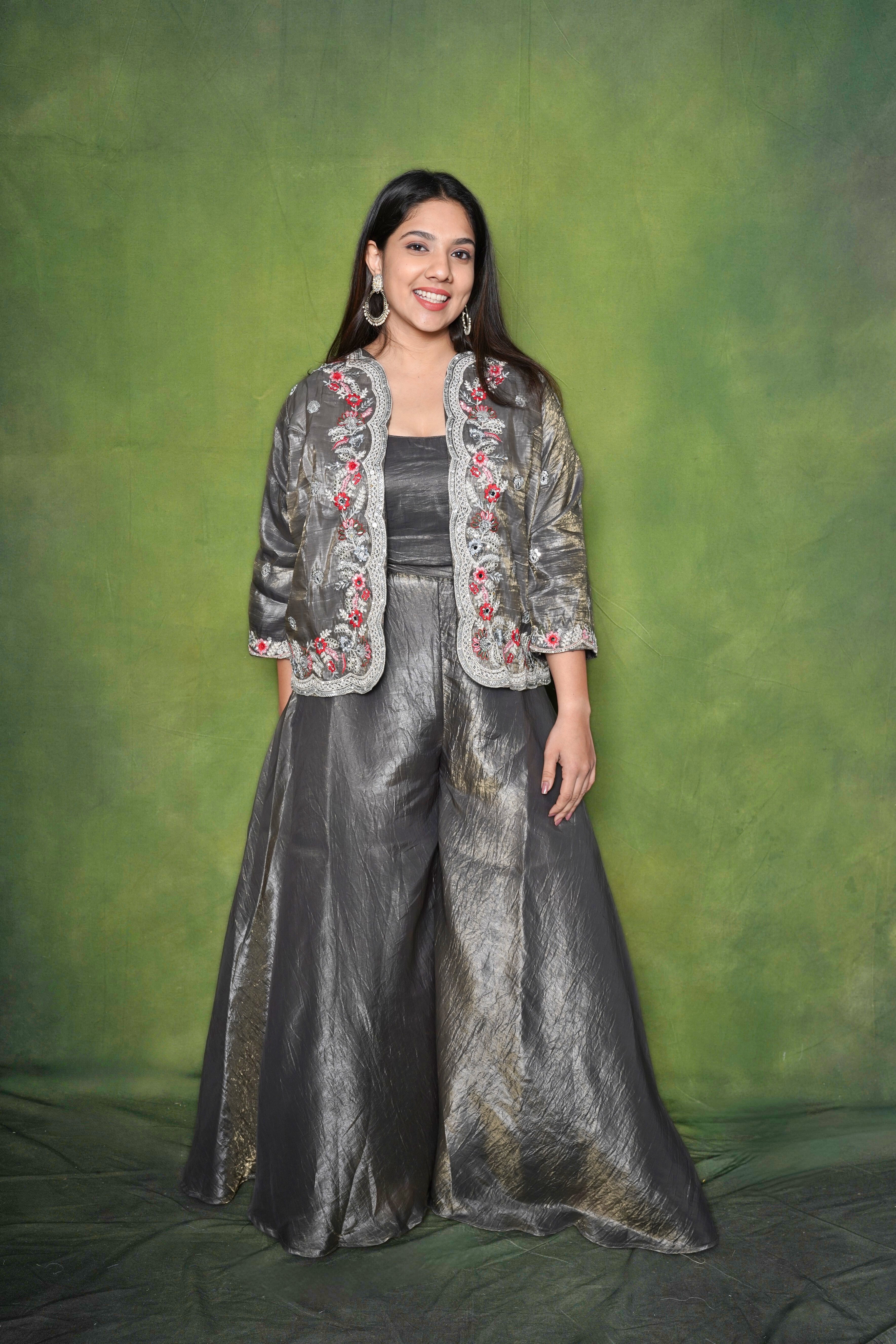 Embellished Gray Roman Silk Crop Top Palazzo Set RAADVI