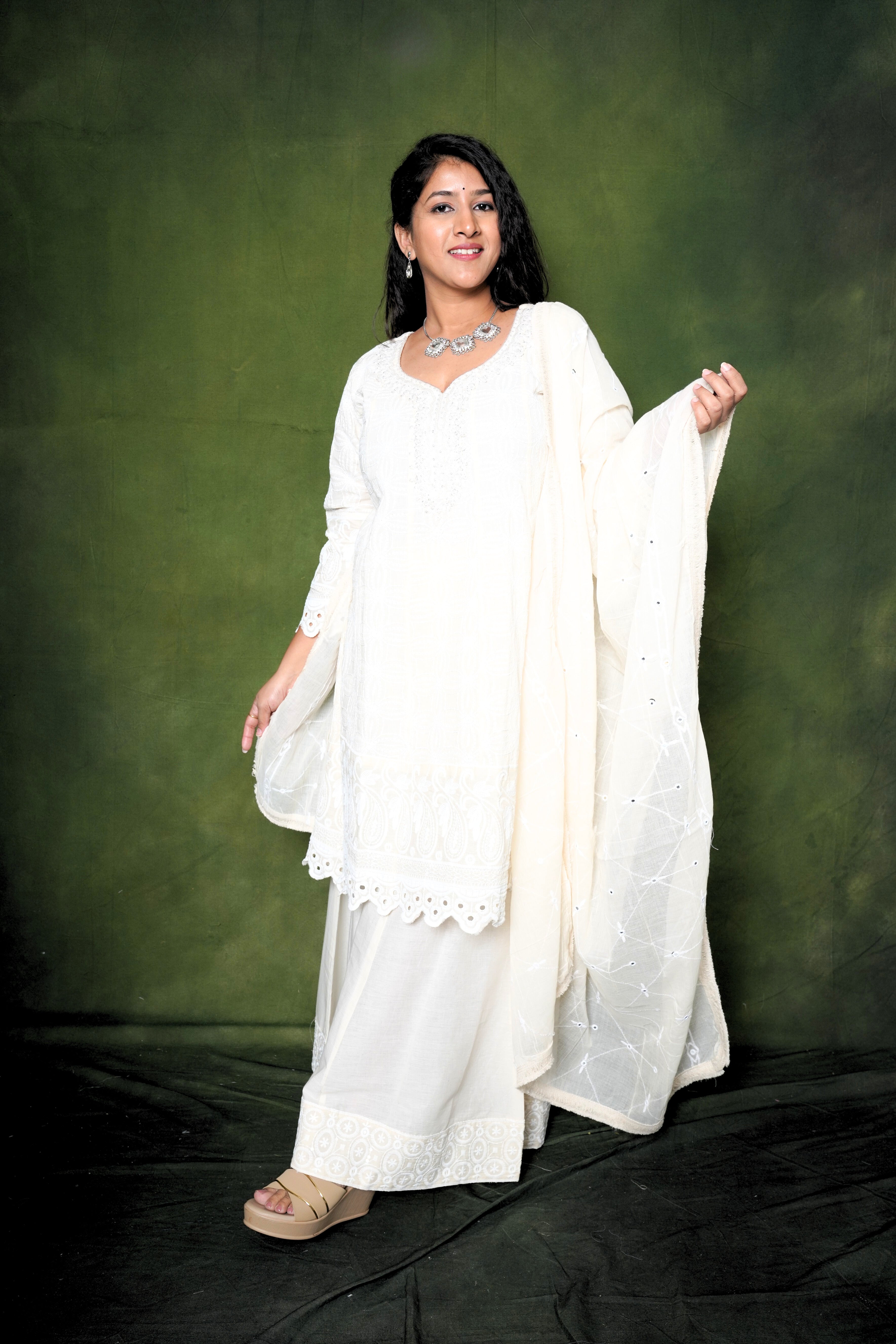 Embellished White Pure Cotton Kurta Palazzo RAADVI
