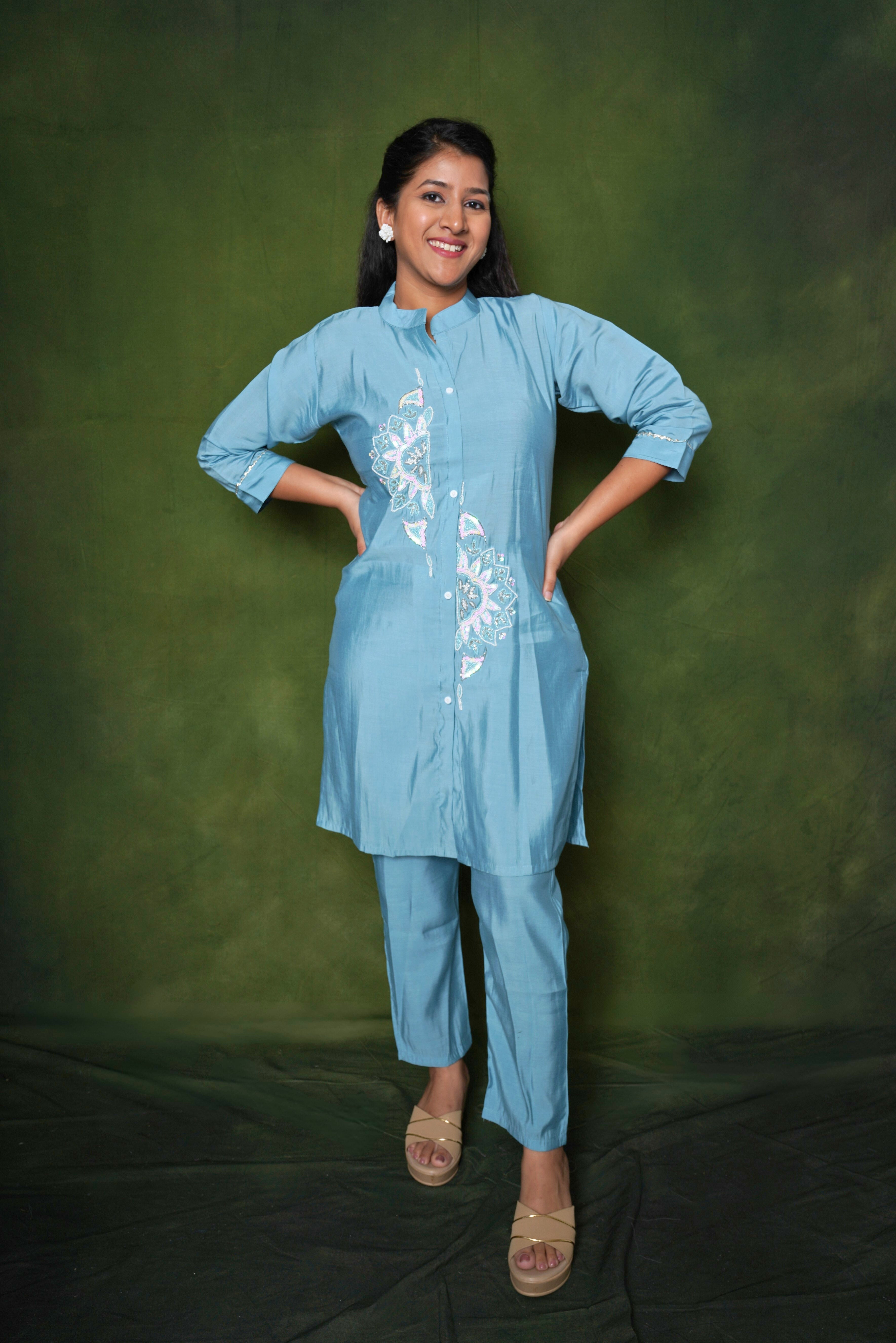 Embellished Blue Roman Silk Co-Ord RAADVI