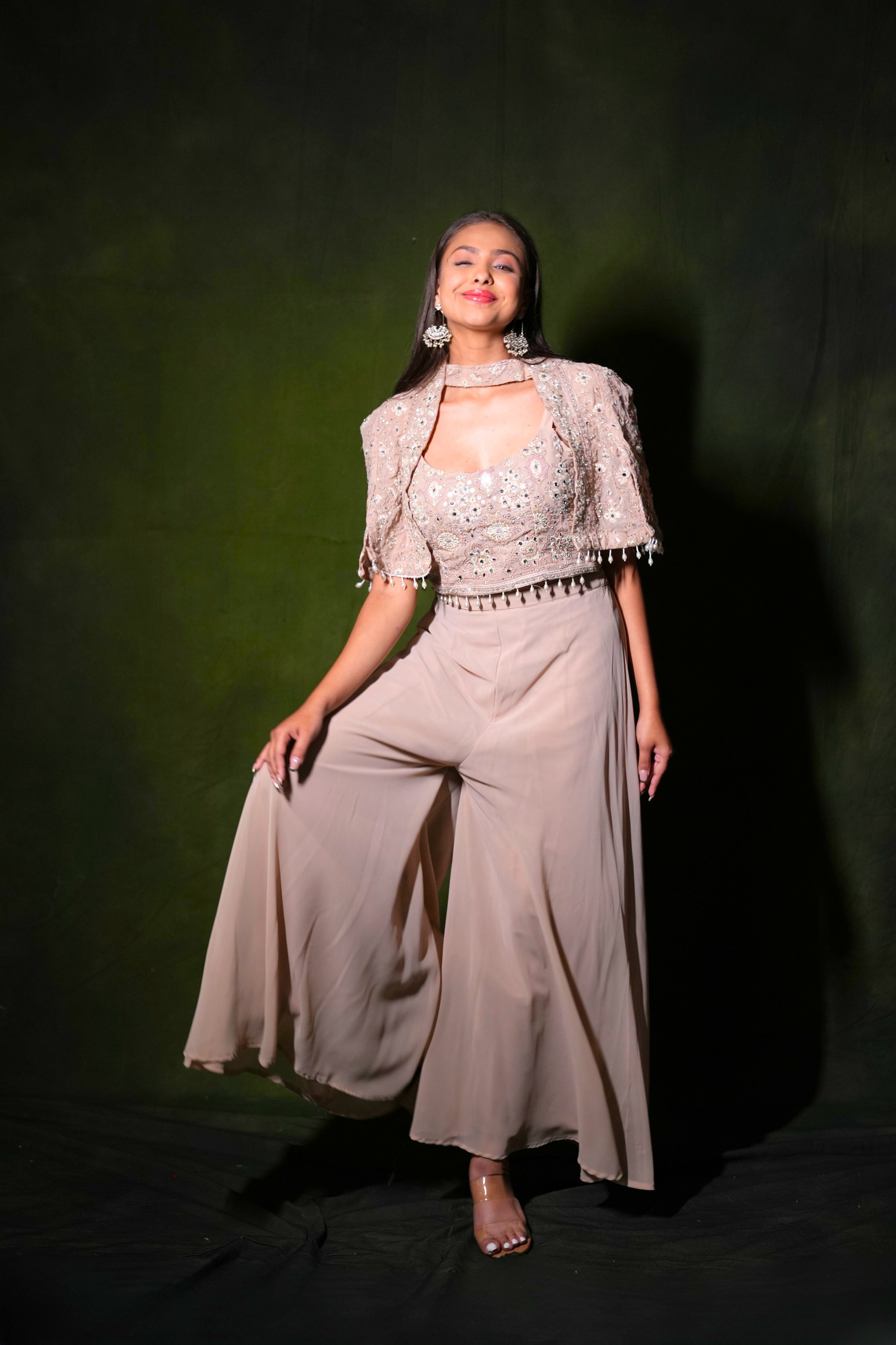 Embellished Beige Crop Top Palazzo Set RAADVI