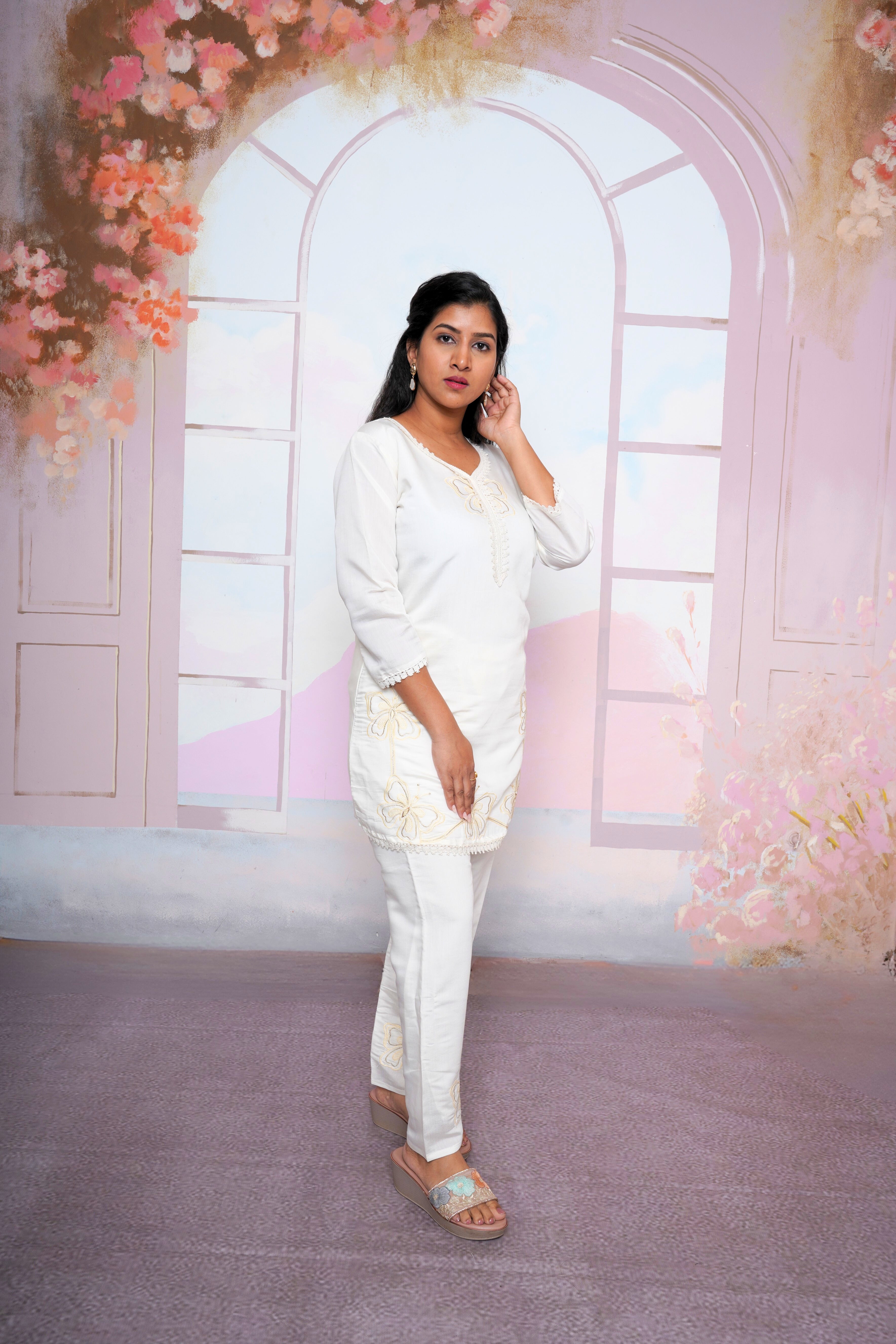 Applique Ivory Roman Silk Coord  Set RAADVI