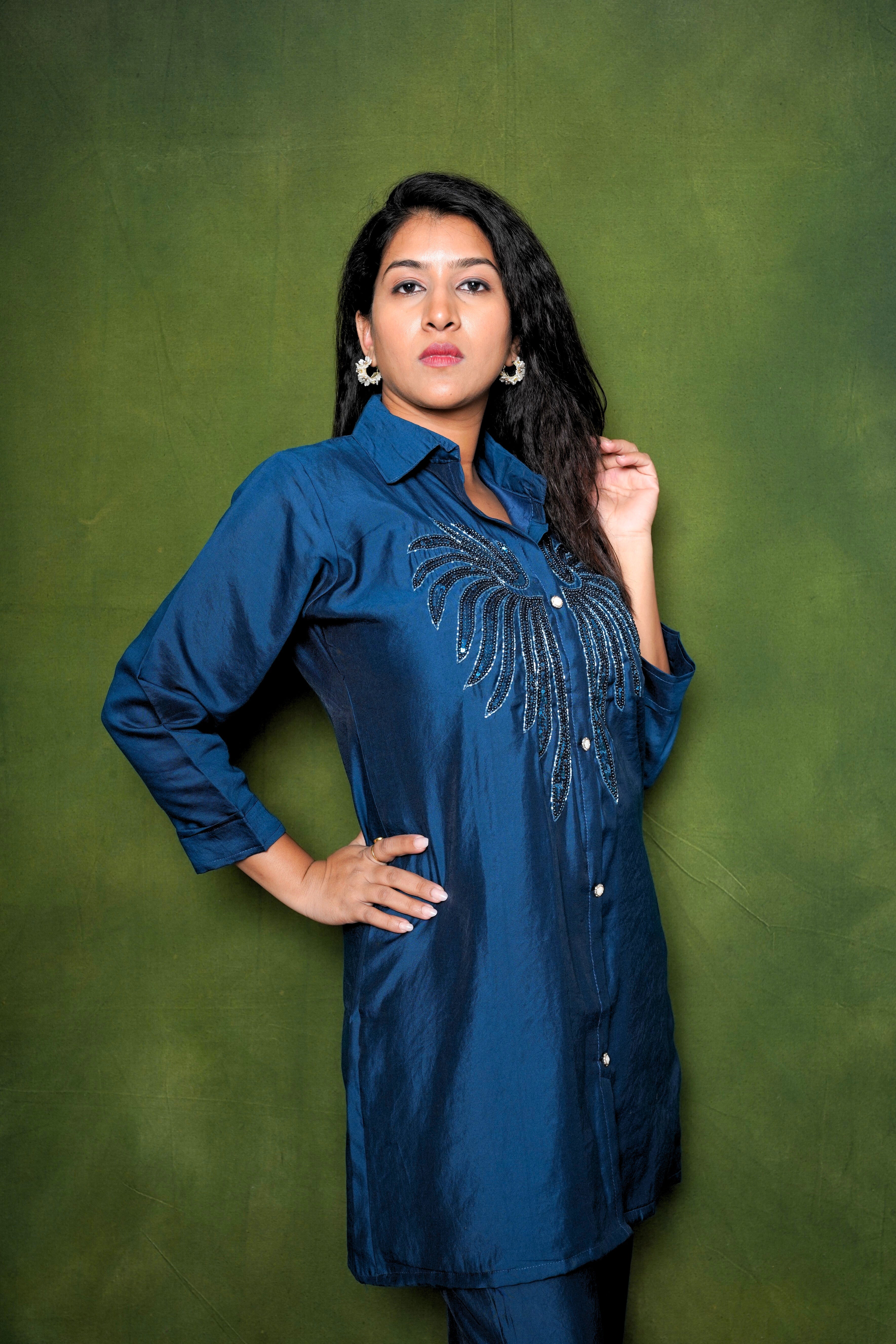 Embellished Navy Blue Roman Silk Co-Ord Set RAADVI