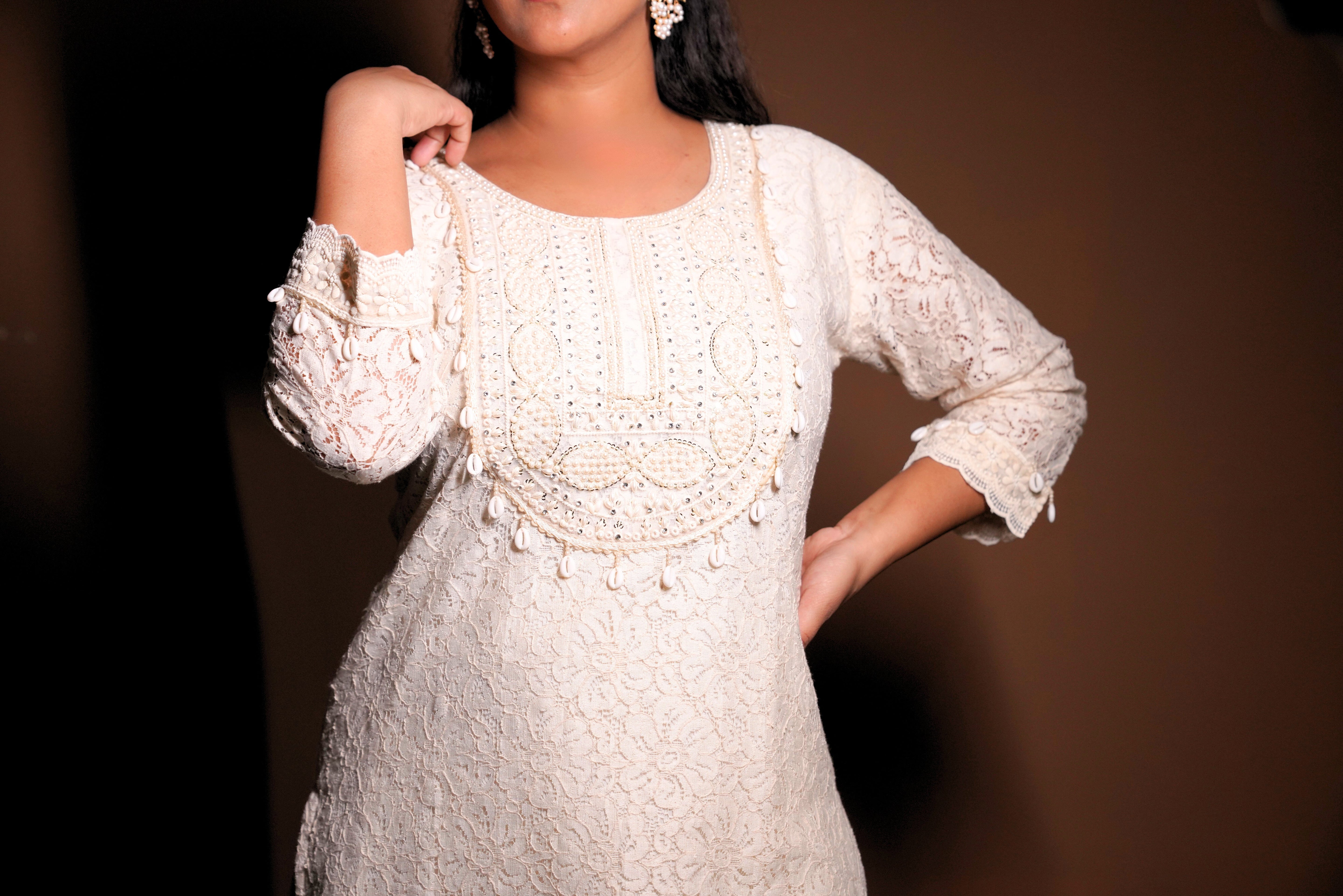 Off White Net Pure Cotton Kurta Set RAADVI
