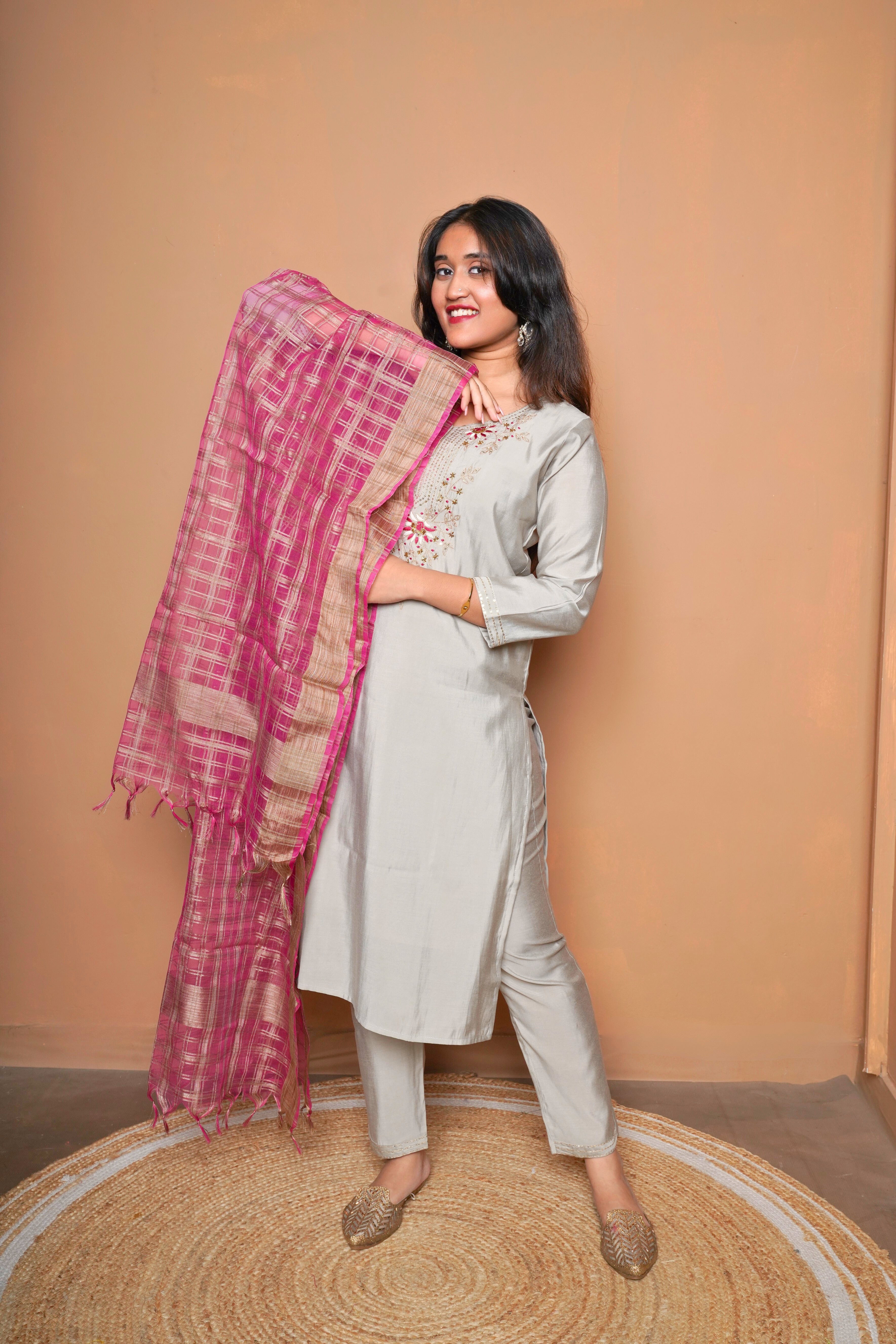 Embroidered Gray Muslin Cotton Suit RAADVI