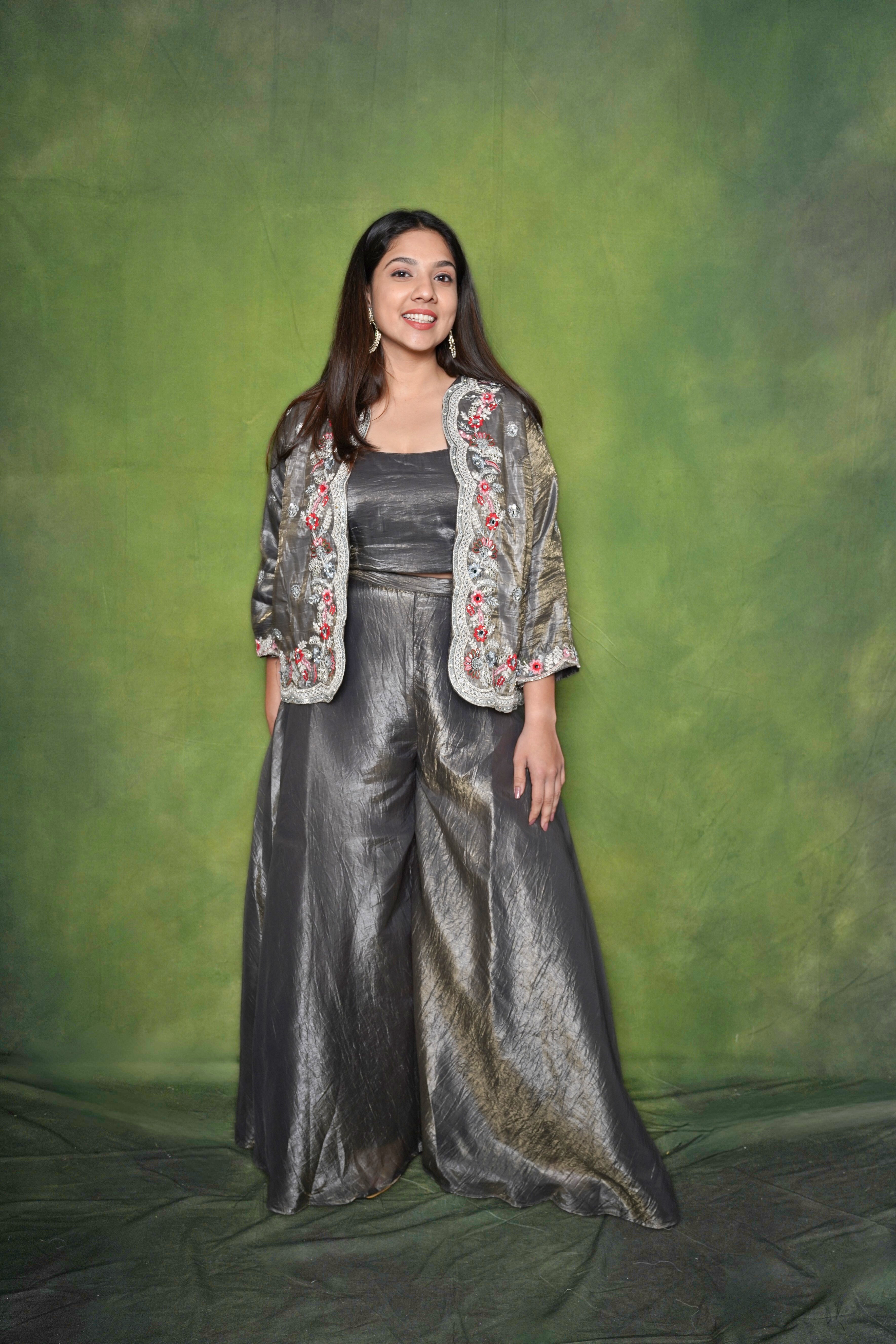 Embellished Gray Roman Silk Crop Top Palazzo Set RAADVI