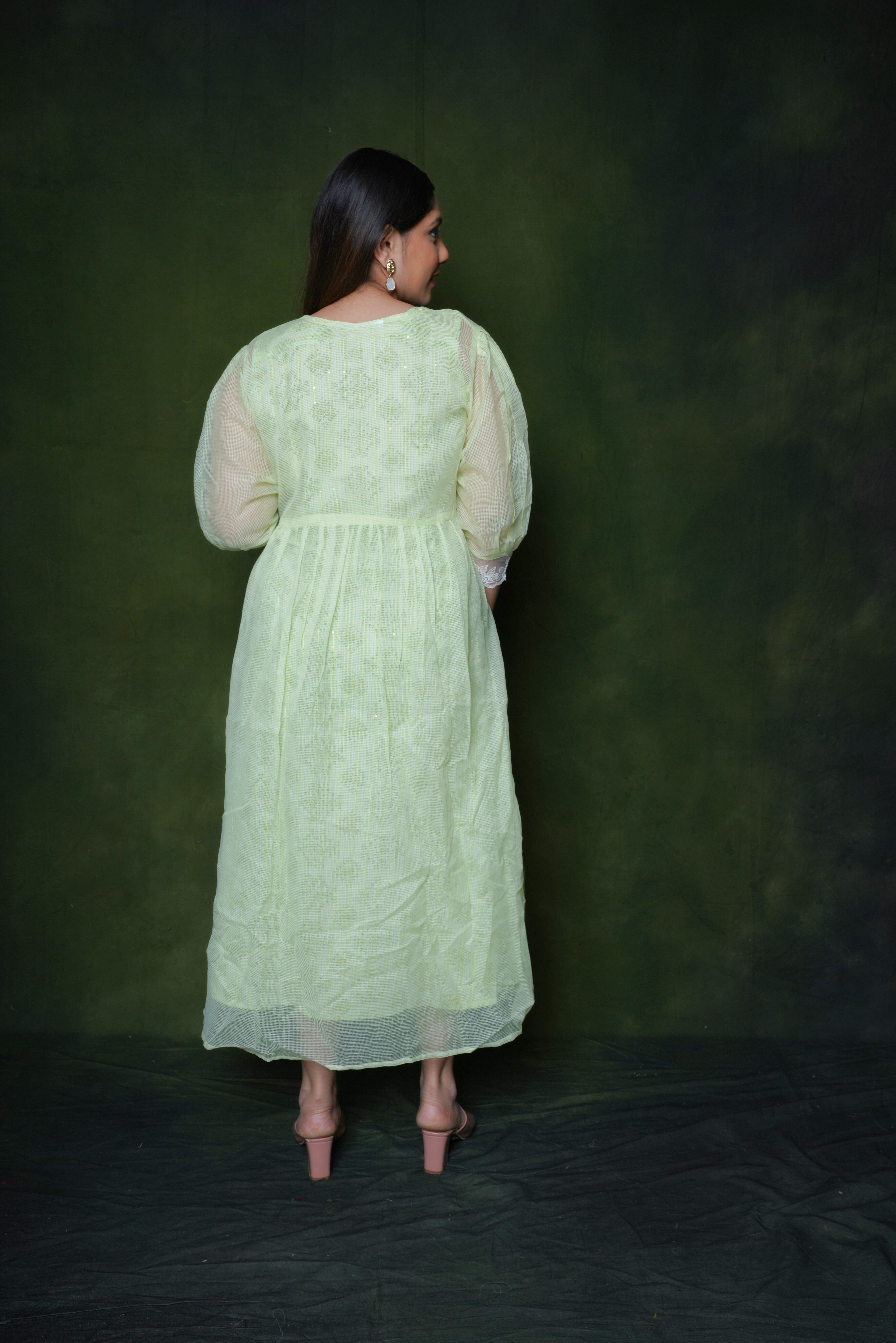 Green Kota Doria Lacy Dress RAADVI