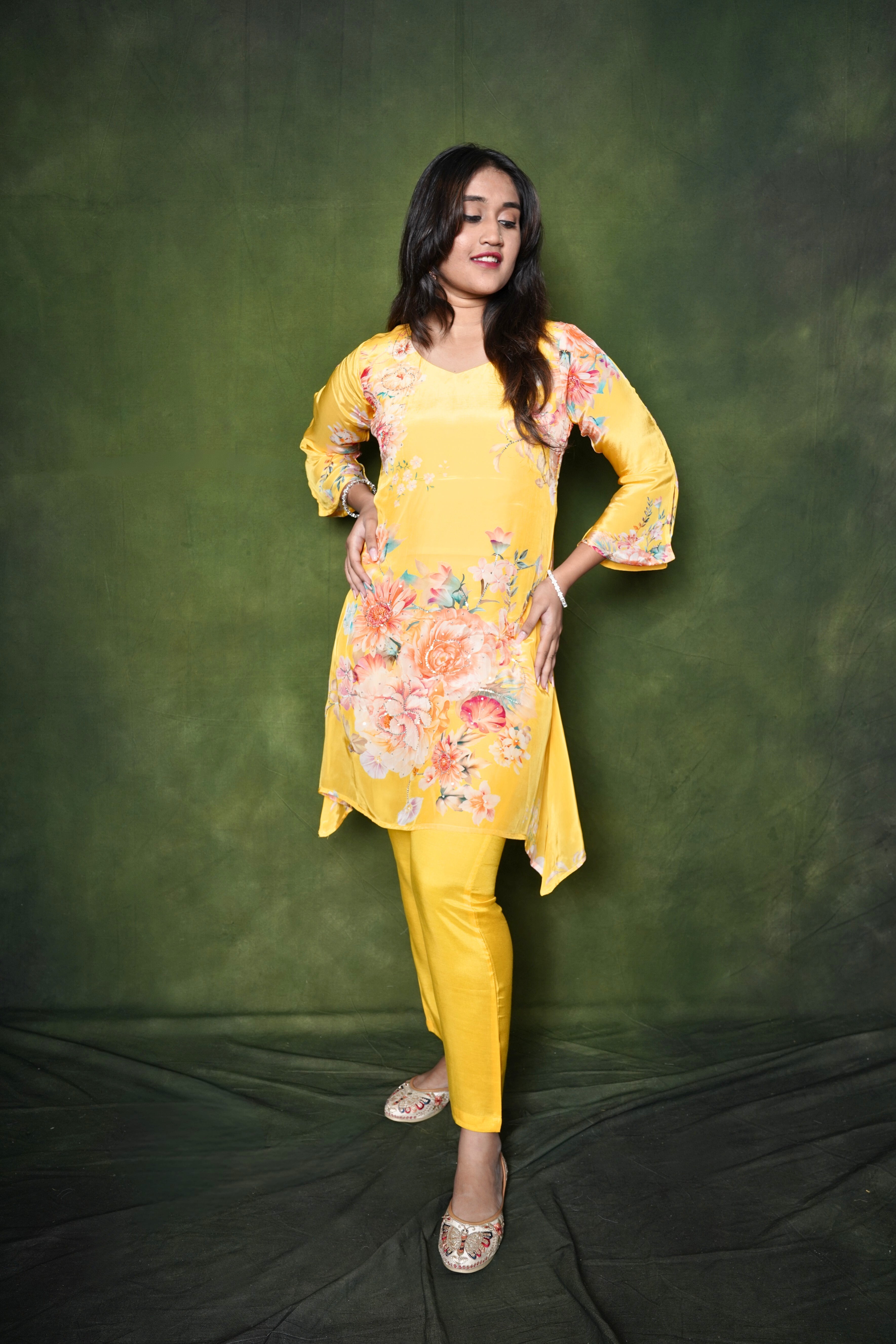 Yellow Pure Crepe Embellished Kurta Set RAADVI