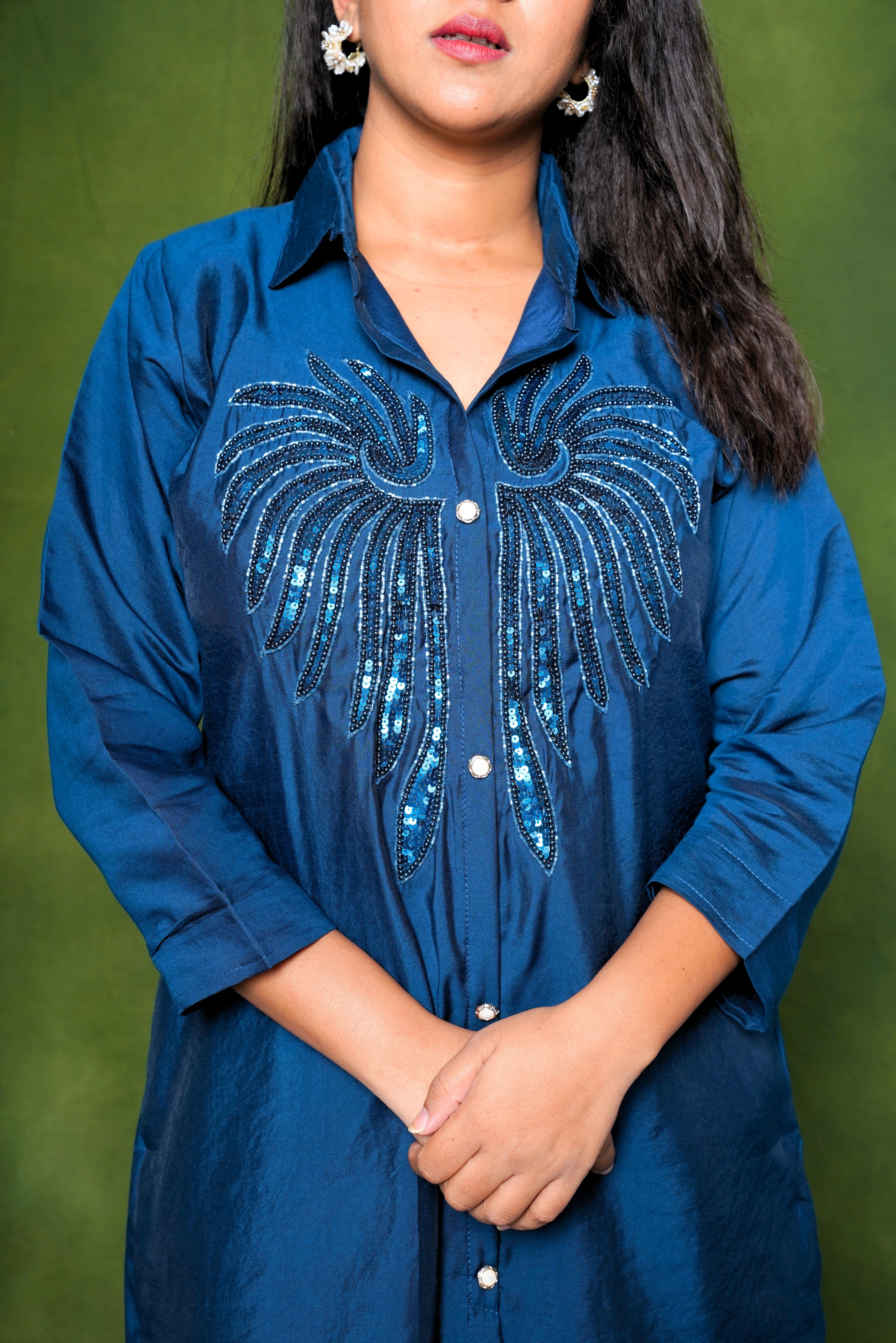 Embellished Navy Blue Roman Silk Co-Ord Set RAADVI
