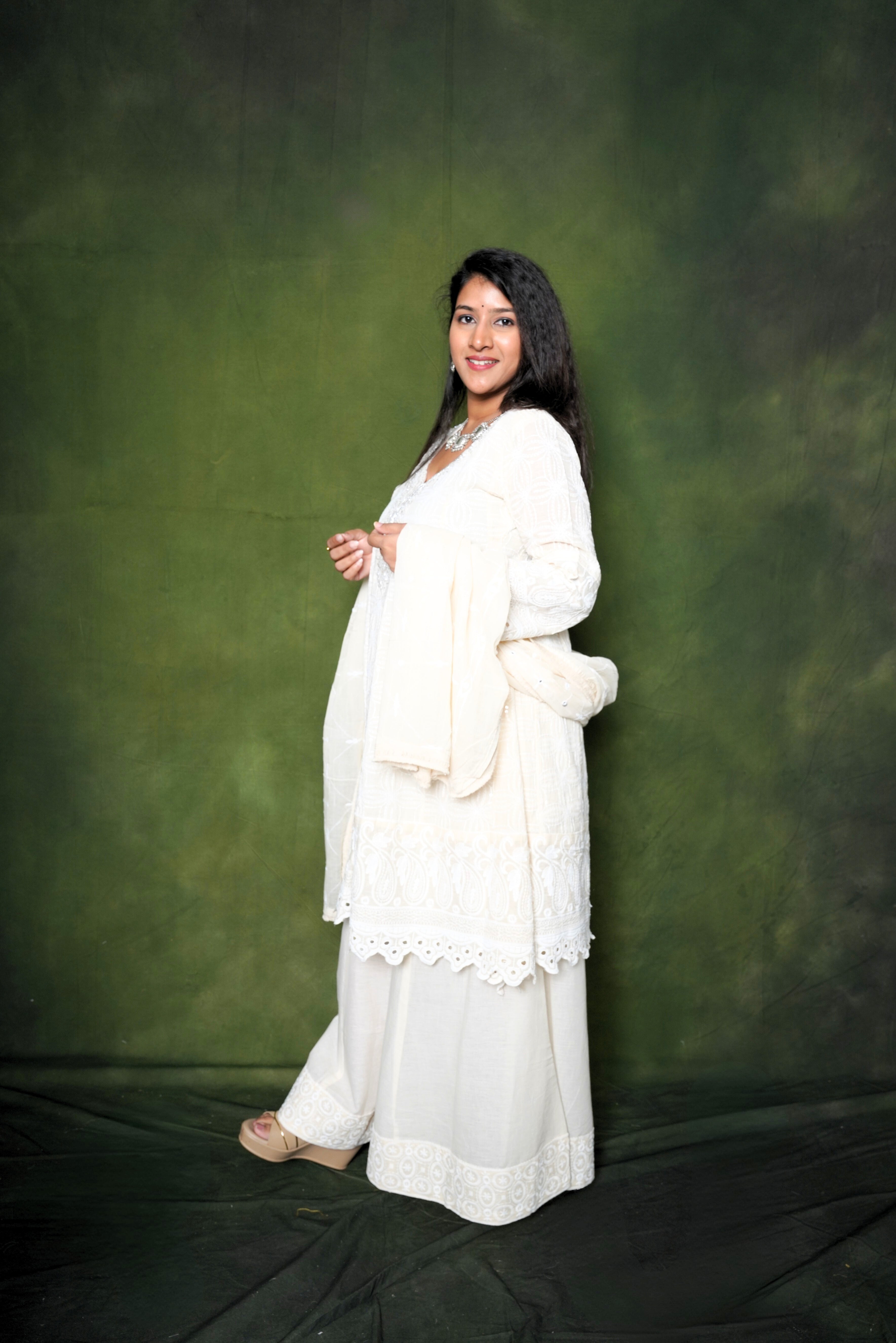 Embellished White Pure Cotton Kurta Palazzo RAADVI