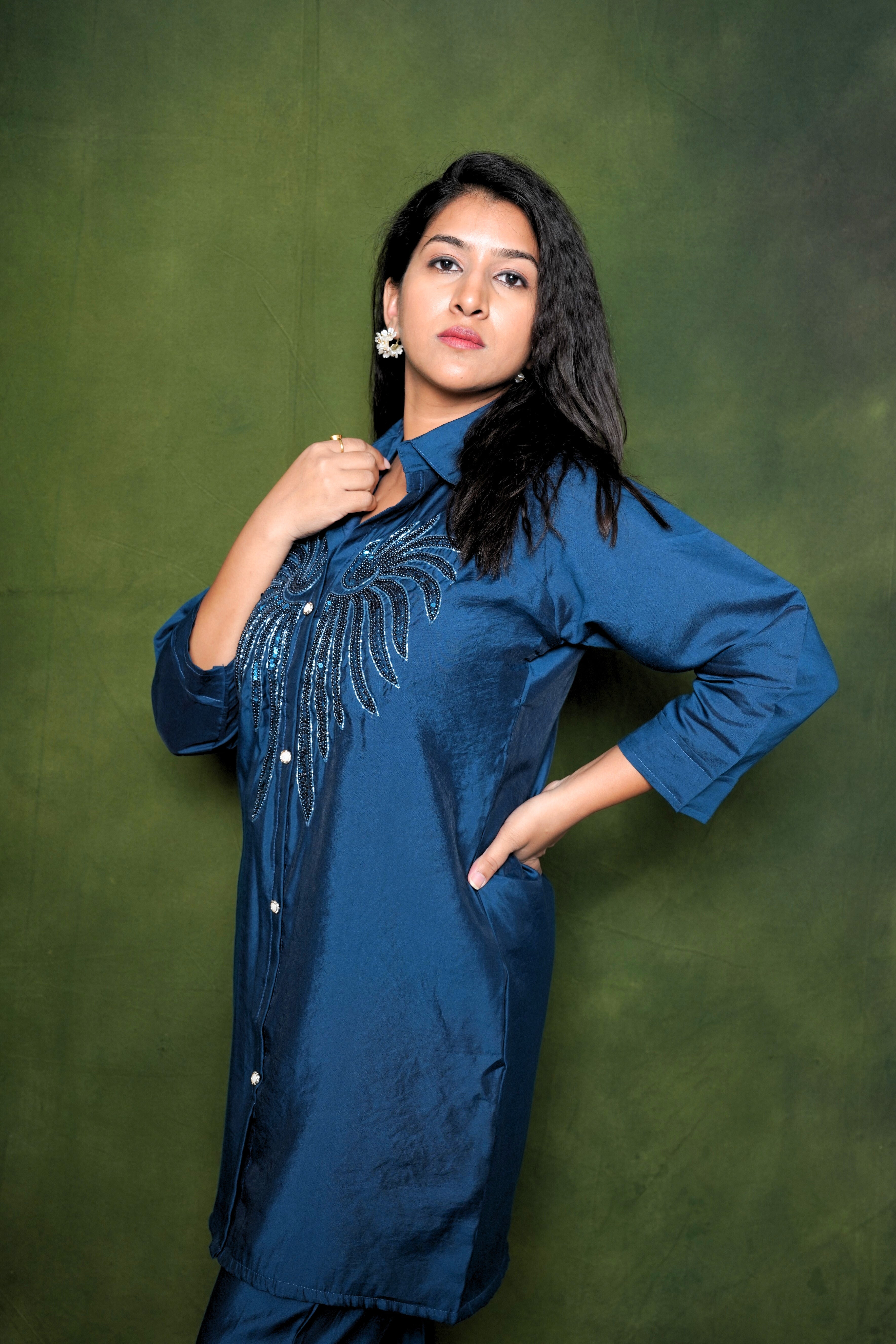 Embellished Navy Blue Roman Silk Co-Ord Set RAADVI