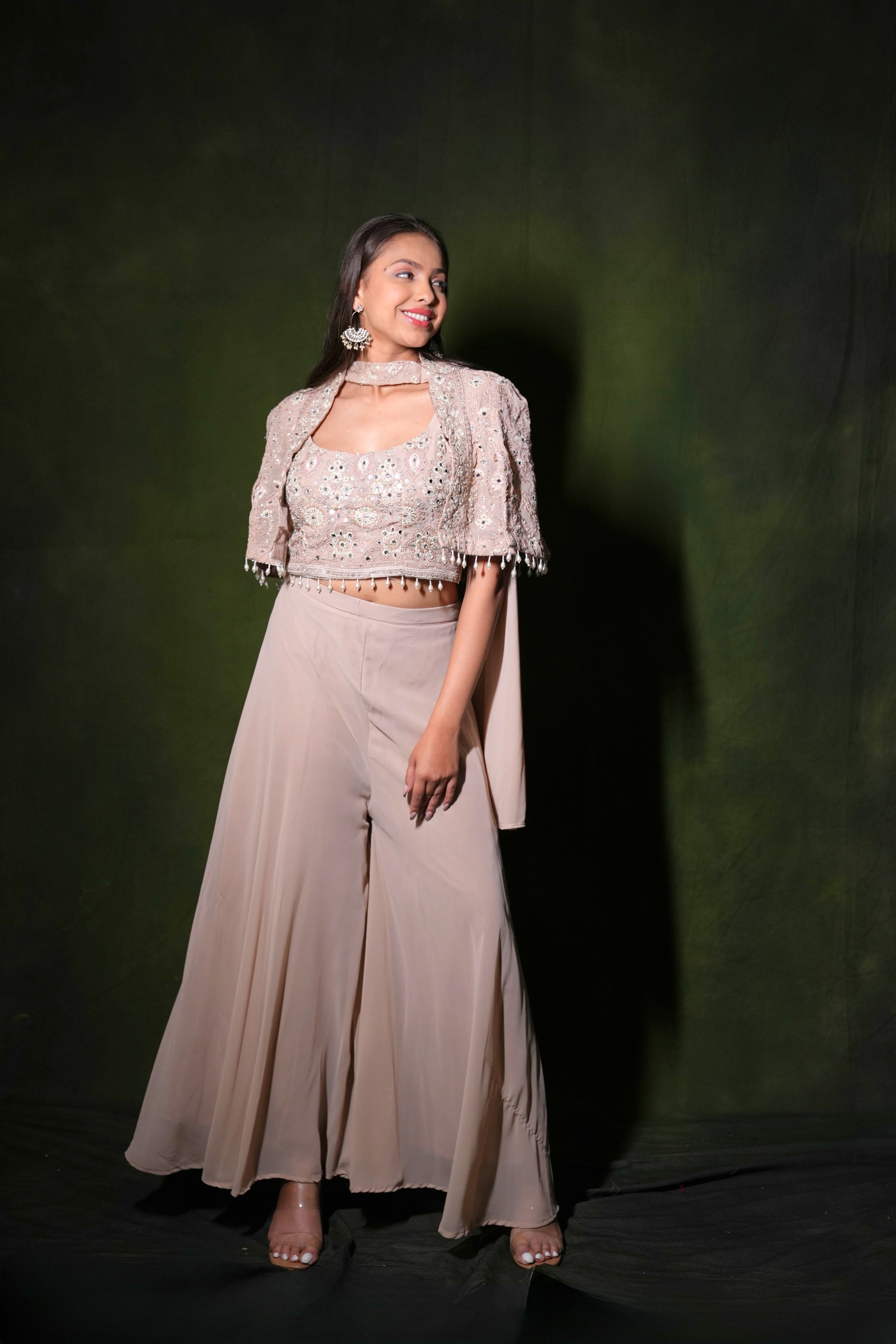 Embellished Beige Crop Top Palazzo Set RAADVI