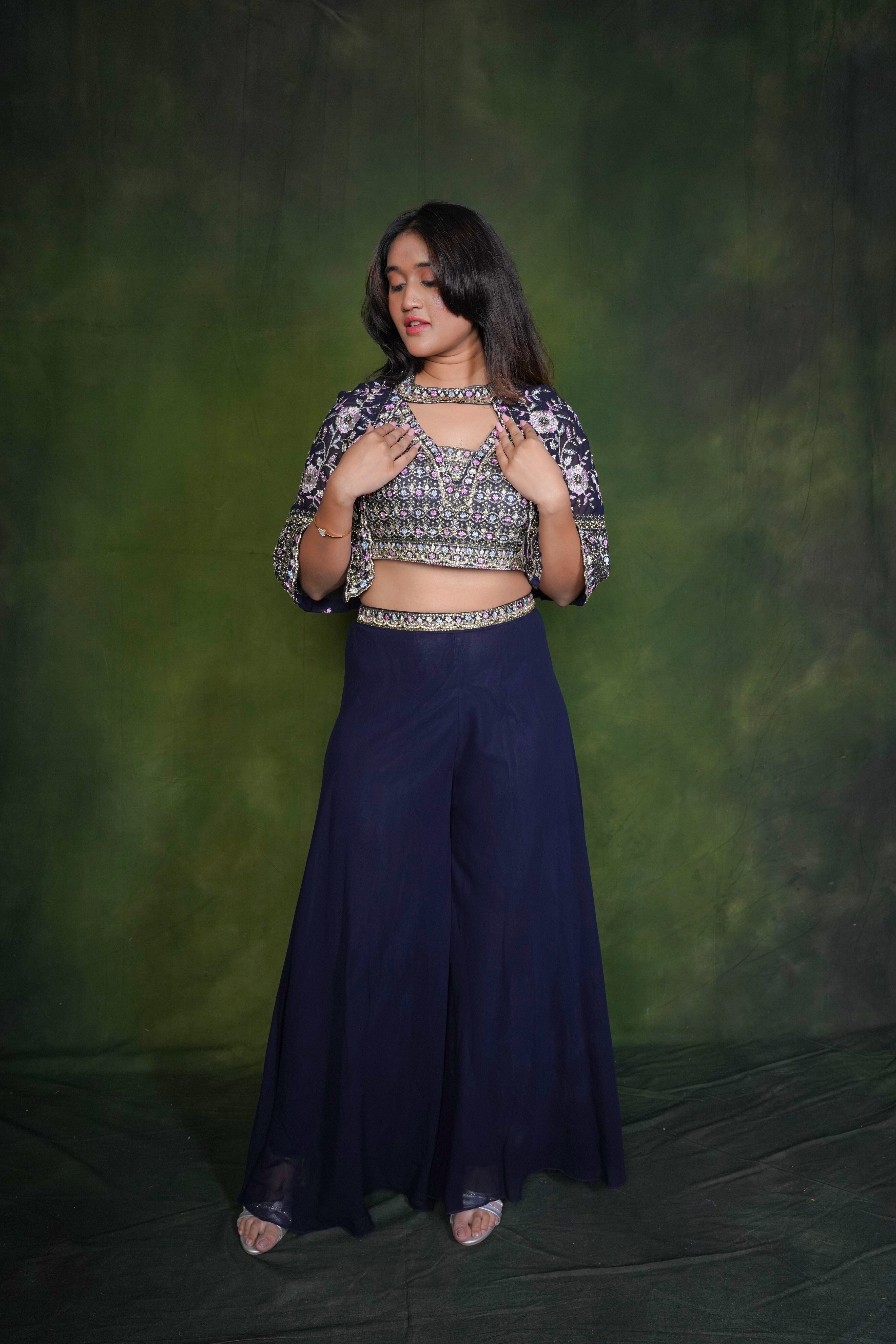 Embellished Navy Blue Crop Top Palazzo Set RAADVI