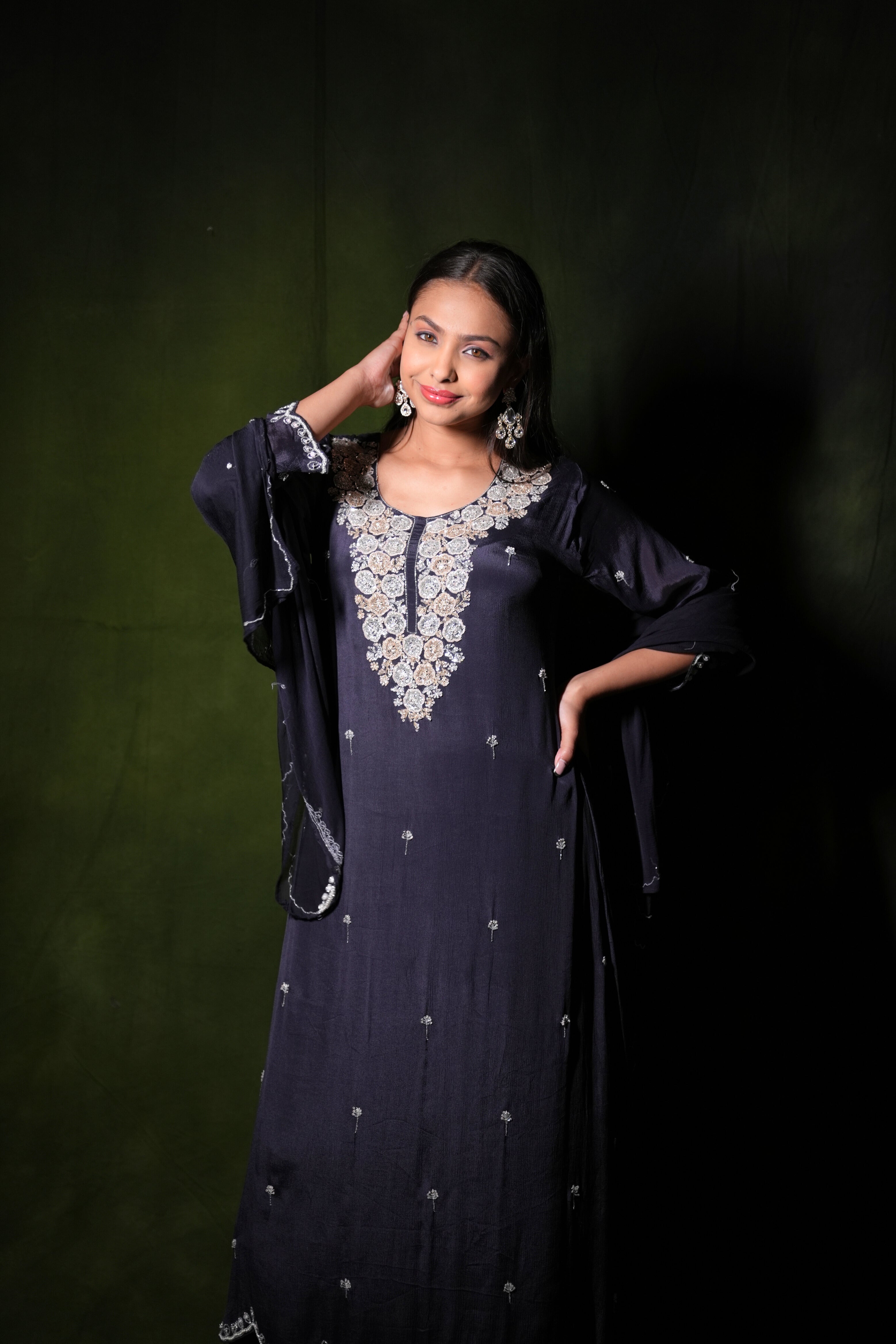 Embellished Floral Black Pure Chinnon Suit RAADVI
