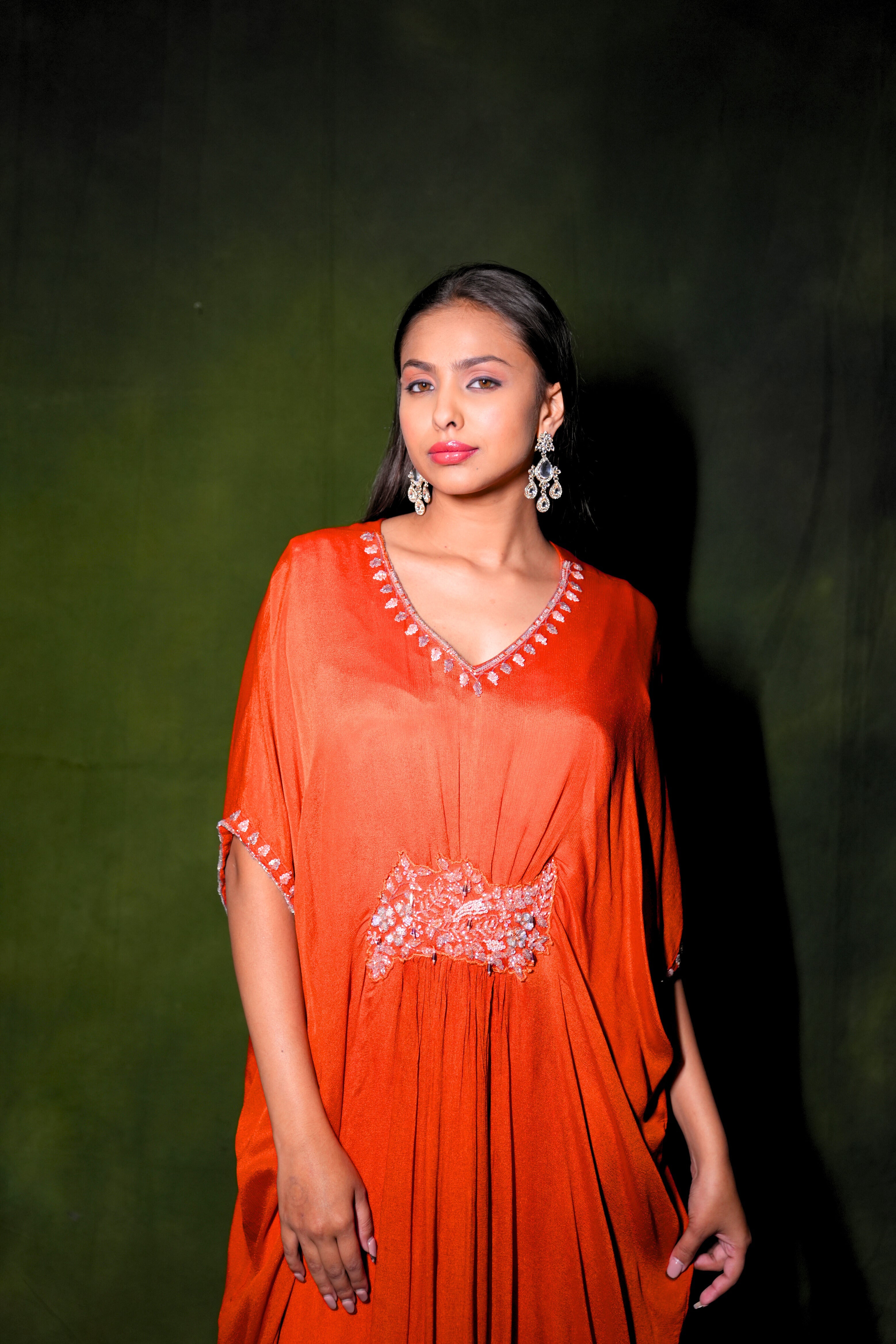 Orange Embellished Pure Chiffon Kaftan Dress RAADVI