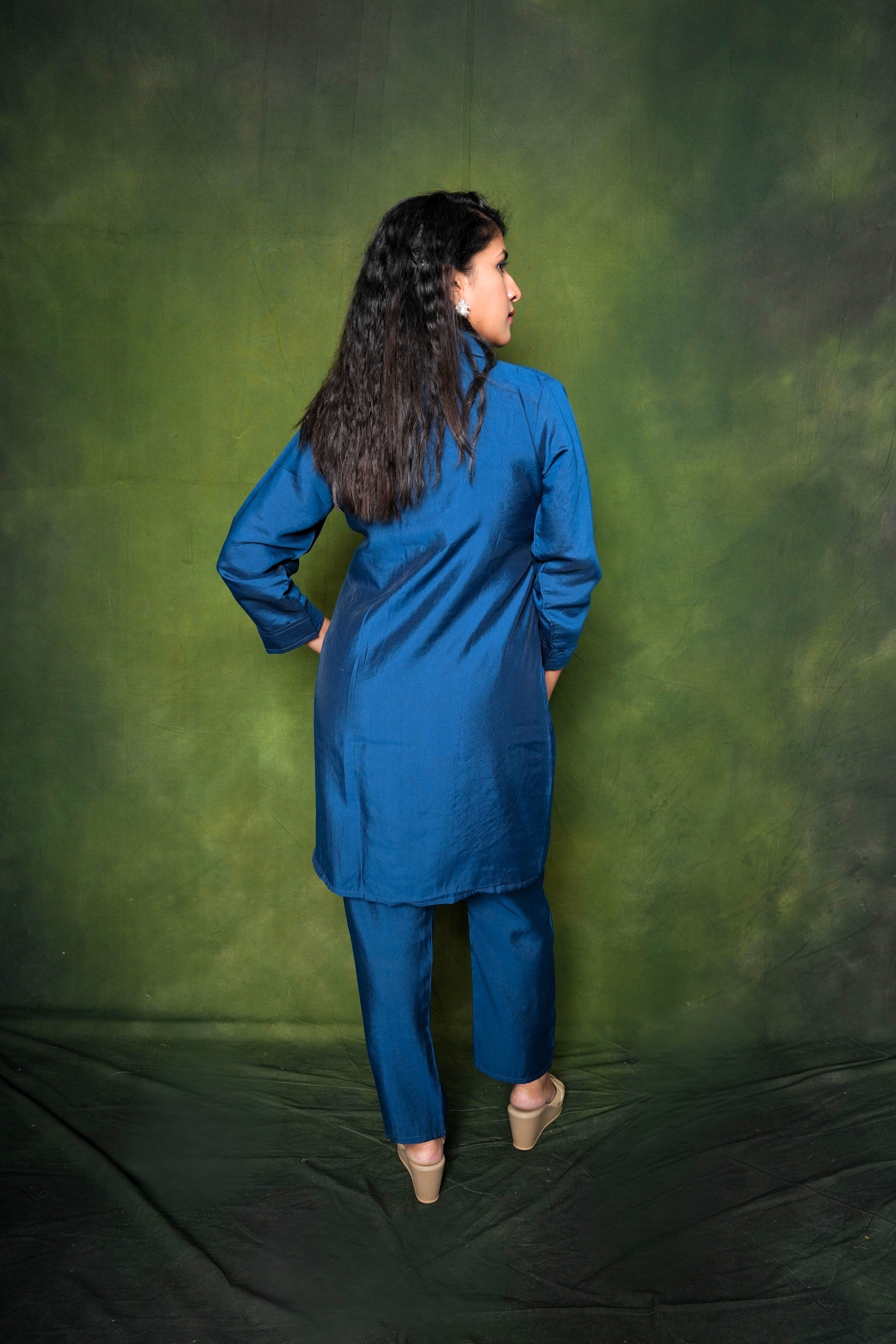Embellished Navy Blue Roman Silk Co-Ord Set RAADVI
