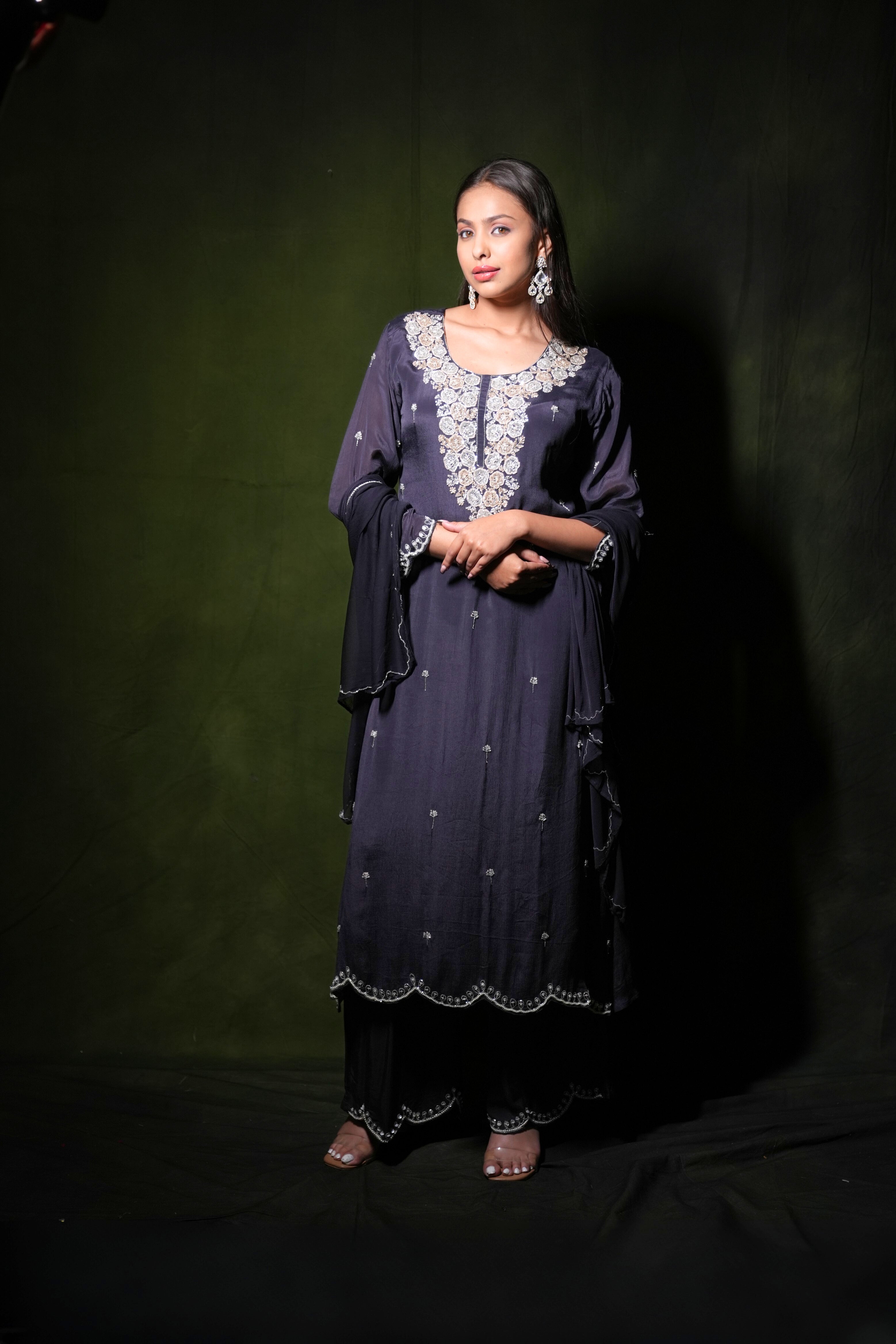 Embellished Floral Black Pure Chinnon Suit RAADVI